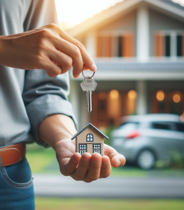 man holding house key standing in front of the house Real estate trading concept